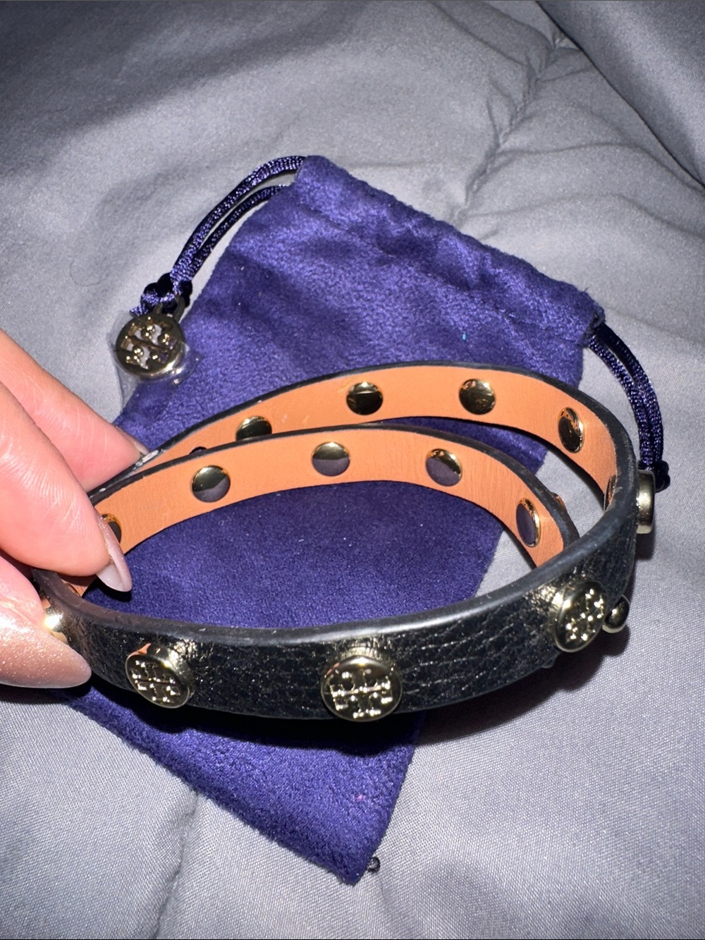 Tory Burch Black Leather Double-Wrap Stud Bracelet with Gold Logo Studs